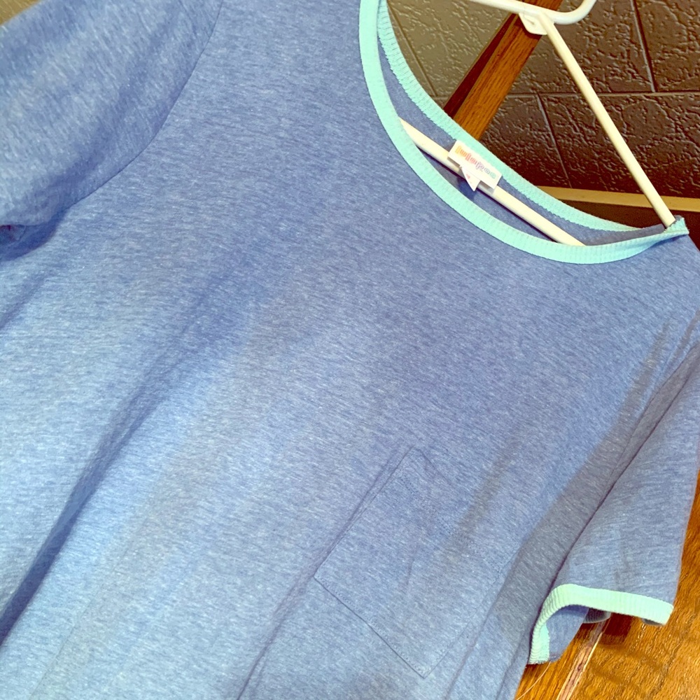 LulaRoe Blue Carly With Green Cuffs